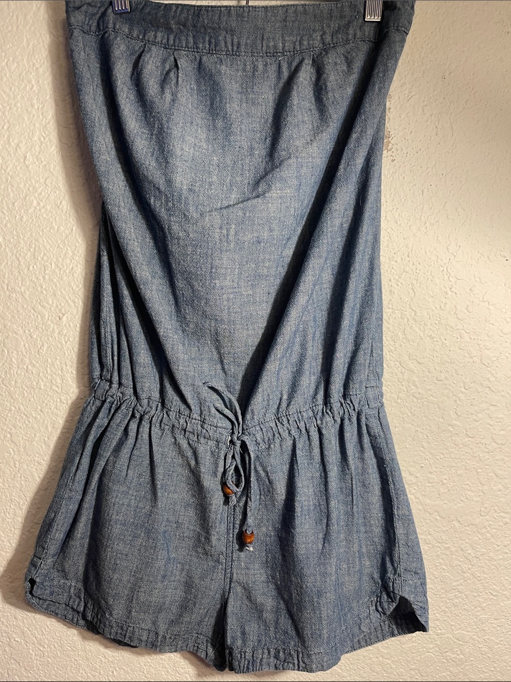 Chambray Drawstring Waist Romper in Light Blue